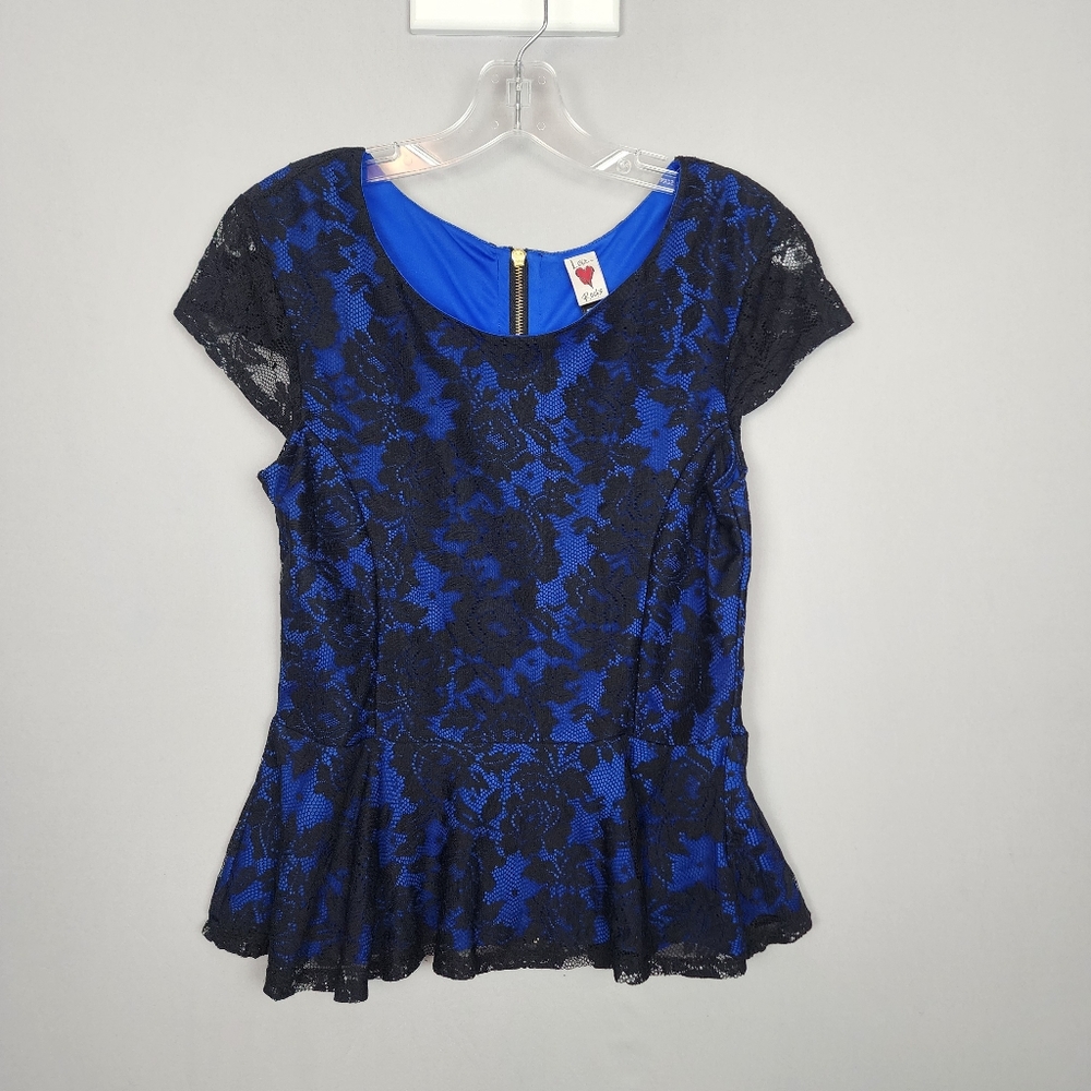Love Rocks Corset Shirt Zip Up Back Blue Black Lace Sz Medium
